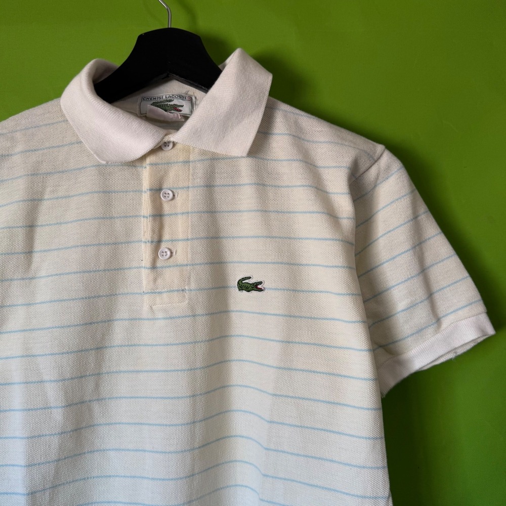 Vintage Chemise Lacoste Striped Polo Shirt White Blue Mens Large 100% Cotton